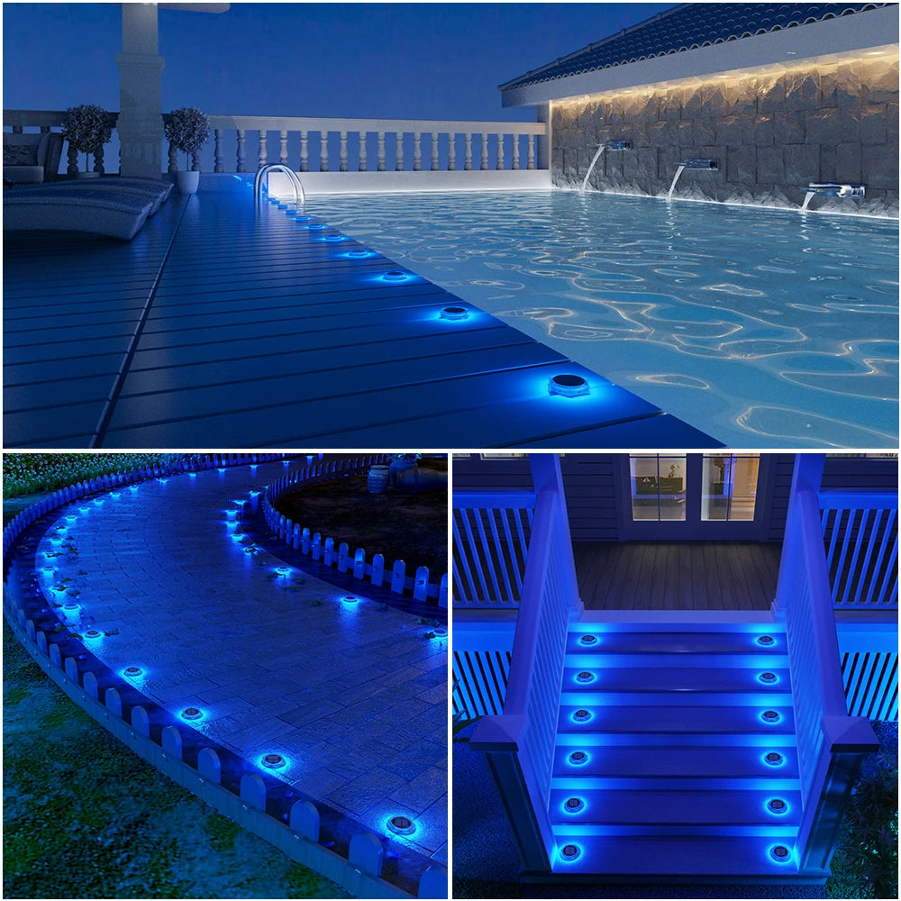 Blue Solar powered Outdoor LED Garden Lights Auto On/Off Waterproof IP68 Step Railing Stairs Yard Patio Pathway Driveway Light