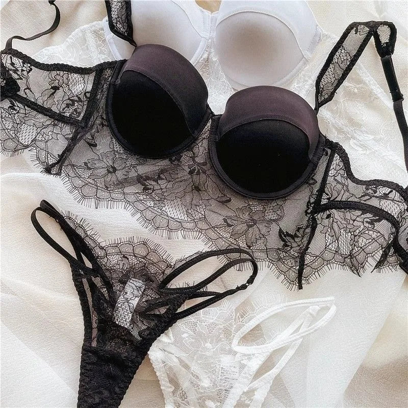 Sexy Lingerie Women Lace Transparent Underwear Embroidery Brief Set Delicate Bra Push Up Lace Gathered Edge Bra and Panty Set