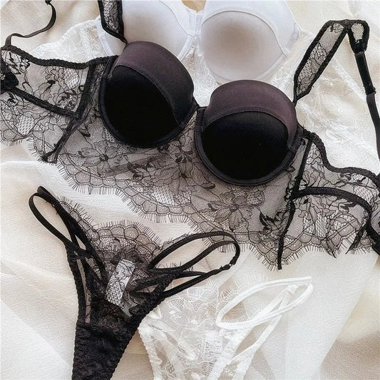 Sexy Lingerie Women Lace Transparent Underwear Embroidery Brief Set Delicate Bra Push Up Lace Gathered Edge Bra and Panty Set