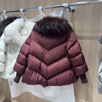 OFTBUY 2025 New Winter Large Real Raccoon Fur Puffer Coat Women Oversized Feather Down Parka Knit Sleeve White Duck Down Jacket