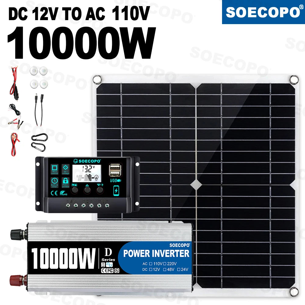 10000W Complete Solar Power Kit | 300W Panel + 100A Controller + 10000W Inverter 12V to 110V/220V Emergency Backup for Home,RV
