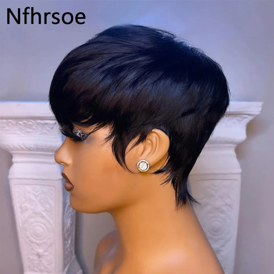 Pixie Cut Wig Human Hair Short Straight Bob Wigs For Black Women With Bangs Brazilian Virgin Hair Non Lace Front Cheap Wig Black