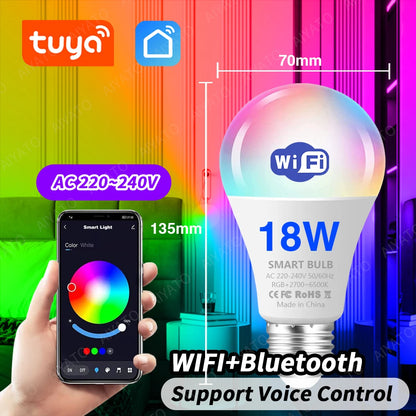 Tuya WIFI Bluetooth LED Bulb Smart Life APP Control Dimmable 9W 18W E27 220V RGB+CW+WW Color Change Lamps Compatible IOS/Android