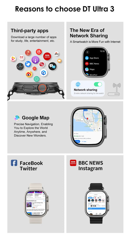 DT Ultra 3 Smartwatch Amoled Screen 4GB MP3 MP4 Player Bluetooth Network Sharing APP Store ChatGPT Smart AI Watch Men Sportwatch