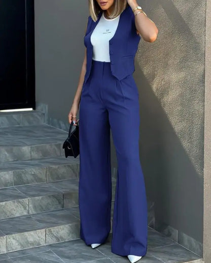 Women OL Blazer Pant Sets 2 Pieces Casual Slim Notched Cardigan Blazer Waistcoat&High Elastic Pocket Wide Leg Trousers Suits
