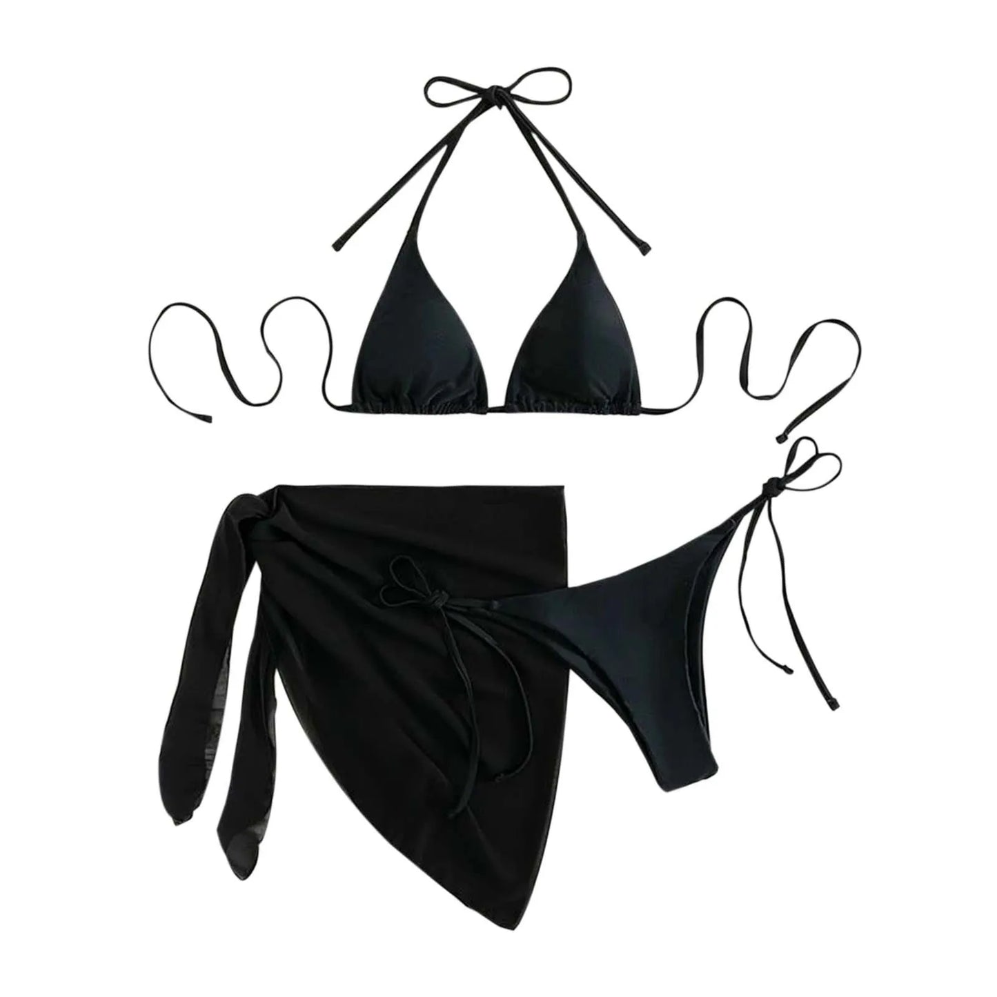 Sexy Three Pieces Bikini Set Women Summer Bikini With Sarong Skirt Solid Color Triangle Cup Tie Up Female Swimwear Swimming Suit