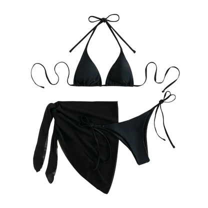 Sexy Three Pieces Bikini Set Women Summer Bikini With Sarong Skirt Solid Color Triangle Cup Tie Up Female Swimwear Swimming Suit