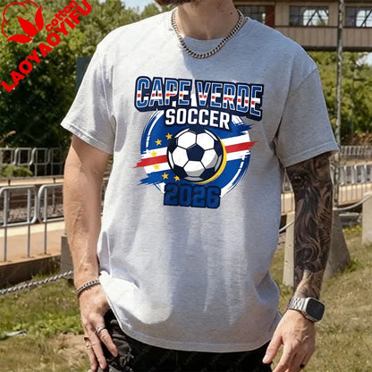 Men's T-Shirt with A Cape Verde 2026 Football Theme Printing Pattern Tshirt Cotton Short-Sleeve Summer Tops Celebration Outfit