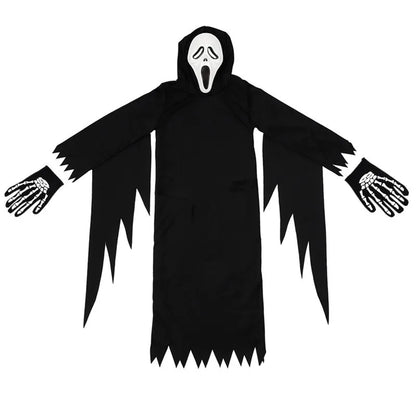 Child Grim Reaper Scary Costume Halloween Scare Mask Set with Removable Scythe Devil Accessory Carnival Role Play Black Robe