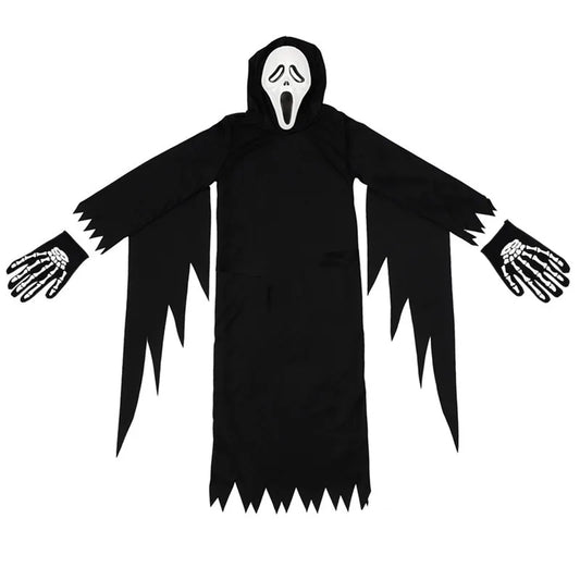 Child Grim Reaper Scary Costume Halloween Scare Mask Set with Removable Scythe Devil Accessory Carnival Role Play Black Robe