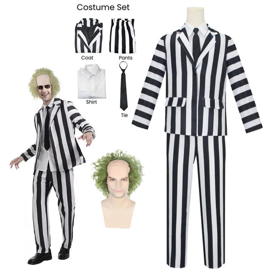 Anime Cosplay Beetle Juicee Men Black and White Striped Suit Scary Halloween Costumes Tie Shirt for Cosplay Party