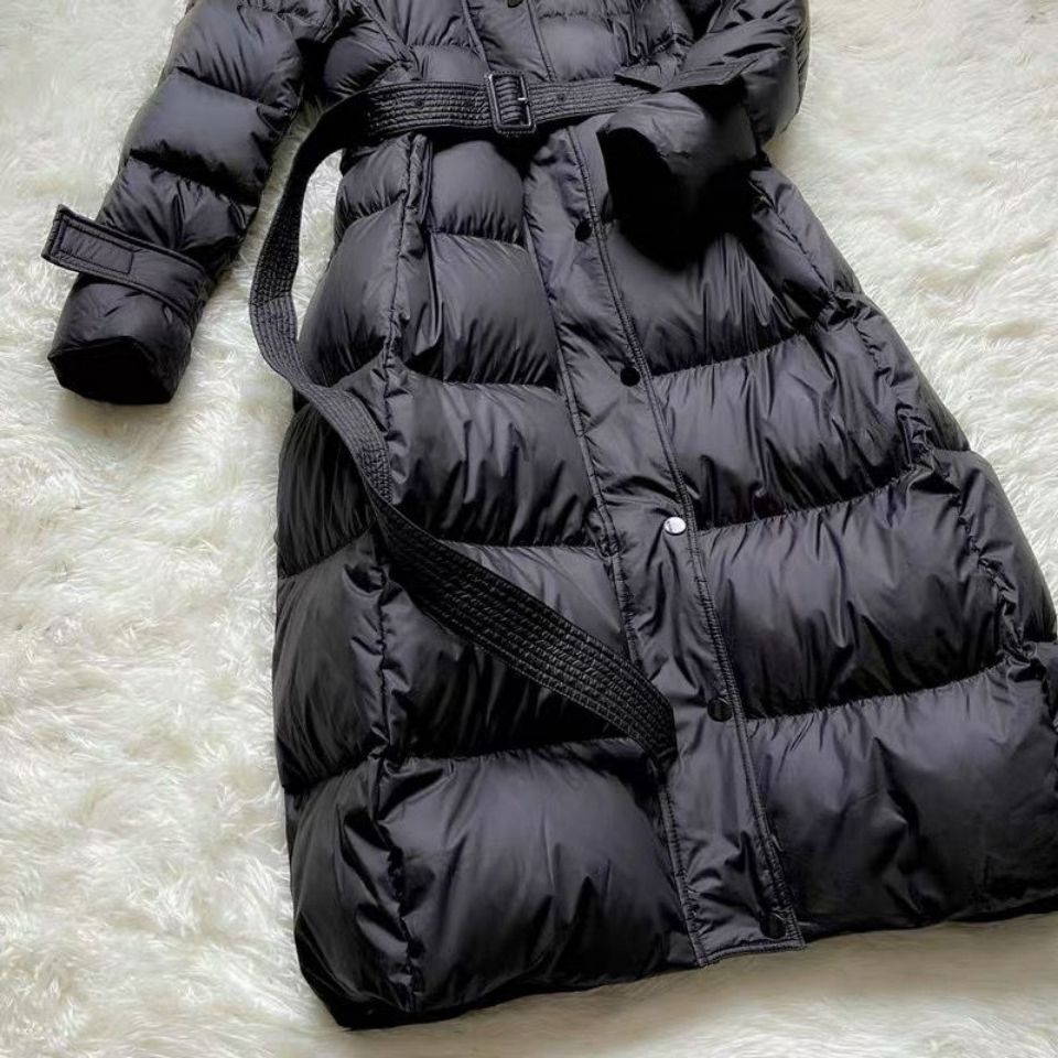 Winter New White Duck Down Down Coat Women Long Windproof Hooded Standing Neck Fashion Belt Slim Fit Coat Parkas Women