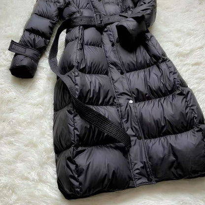 Winter New White Duck Down Down Coat Women Long Windproof Hooded Standing Neck Fashion Belt Slim Fit Coat Parkas Women