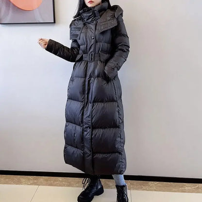 Winter New White Duck Down Down Coat Women Long Windproof Hooded Standing Neck Fashion Belt Slim Fit Coat Parkas Women