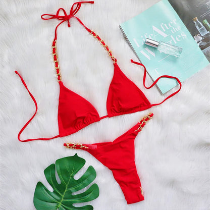 Metal Ring Halter Scrunch Butt Thong Bikini Women Swimwear Female Swimsuit Two-pieces Bikini set Bather Bathing Suit Swim V4391