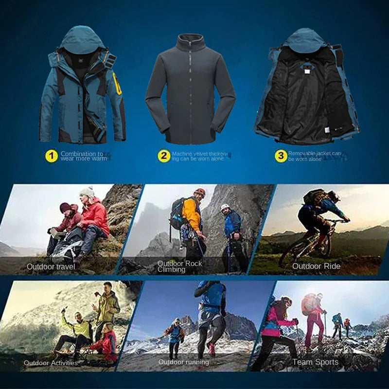 Winter Men Triple Windbreak Thick Warm Removable Hooded Jacket Men Autumn Hiking Outdoor Travel Camping Skiing Jacket Coat Male