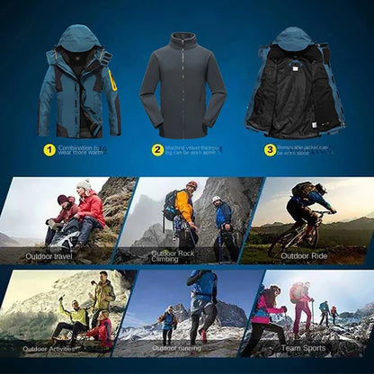 Winter Men Triple Windbreak Thick Warm Removable Hooded Jacket Men Autumn Hiking Outdoor Travel Camping Skiing Jacket Coat Male