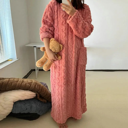 Women Solid Color Nightgown Loose Robe for Warmth Cozy Coral Fleece Winter Nightgown for Women with Pockets Long for Keeping