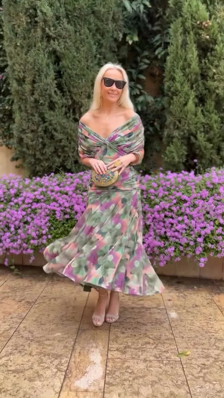 Elegant Women's Bat Sleeve Swing Party Dress Women's Low Breast Cocktail Party Dress Printed Pleated Party Dress Mesh Long Skirt
