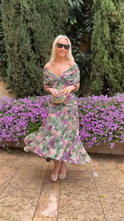Elegant Women's Bat Sleeve Swing Party Dress Women's Low Breast Cocktail Party Dress Printed Pleated Party Dress Mesh Long Skirt