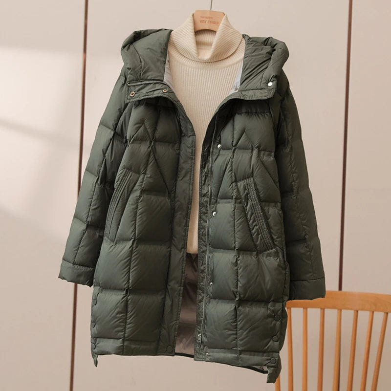 Winter Long 90% White Duck Down Jacket Women Hooded Zipper Puffer Coat Casual Warm Loose Puffer Feather Parka
