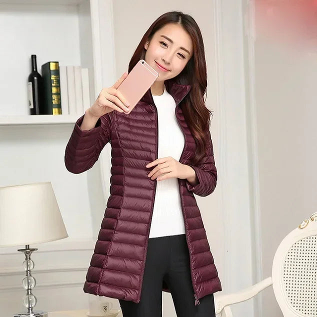 Autumn Winter Women White Duck Down Jacket Female ultra Light Slim Thin Zipper Warm Feather Long Down Coat Good Quality Parkas