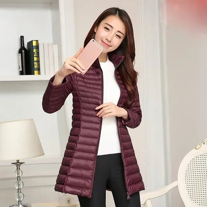 Autumn Winter Women White Duck Down Jacket Female ultra Light Slim Thin Zipper Warm Feather Long Down Coat Good Quality Parkas