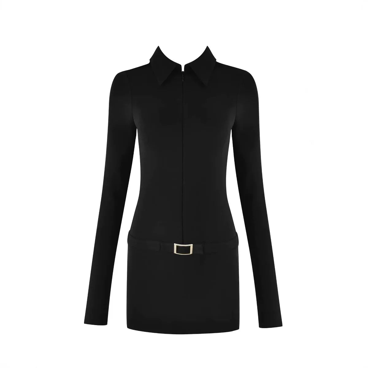 Honey Honey  sexy tight black long-sleeved stretch knit polo neck sheath dress ultra short hip one-step dress