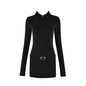 Honey Honey  sexy tight black long-sleeved stretch knit polo neck sheath dress ultra short hip one-step dress