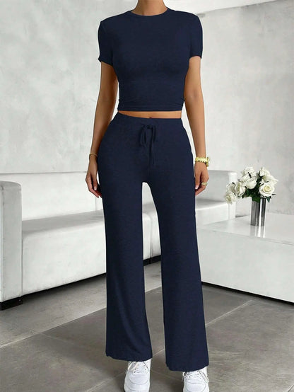 Summer Comfortable Casual Women's Home Sports Set 2025 New Fashionable Solid Color Slim Body Clothes + Trousers Two-piece Set