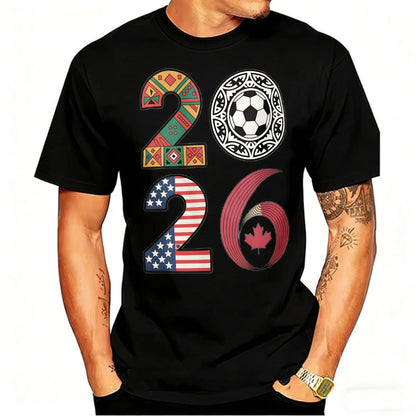 2026 USA Canada Mexico Soccer T-Shirt Cotton Shirt Tribal & Flag Graphic Tee, Ideal Gift for North American Football Enthusiasts