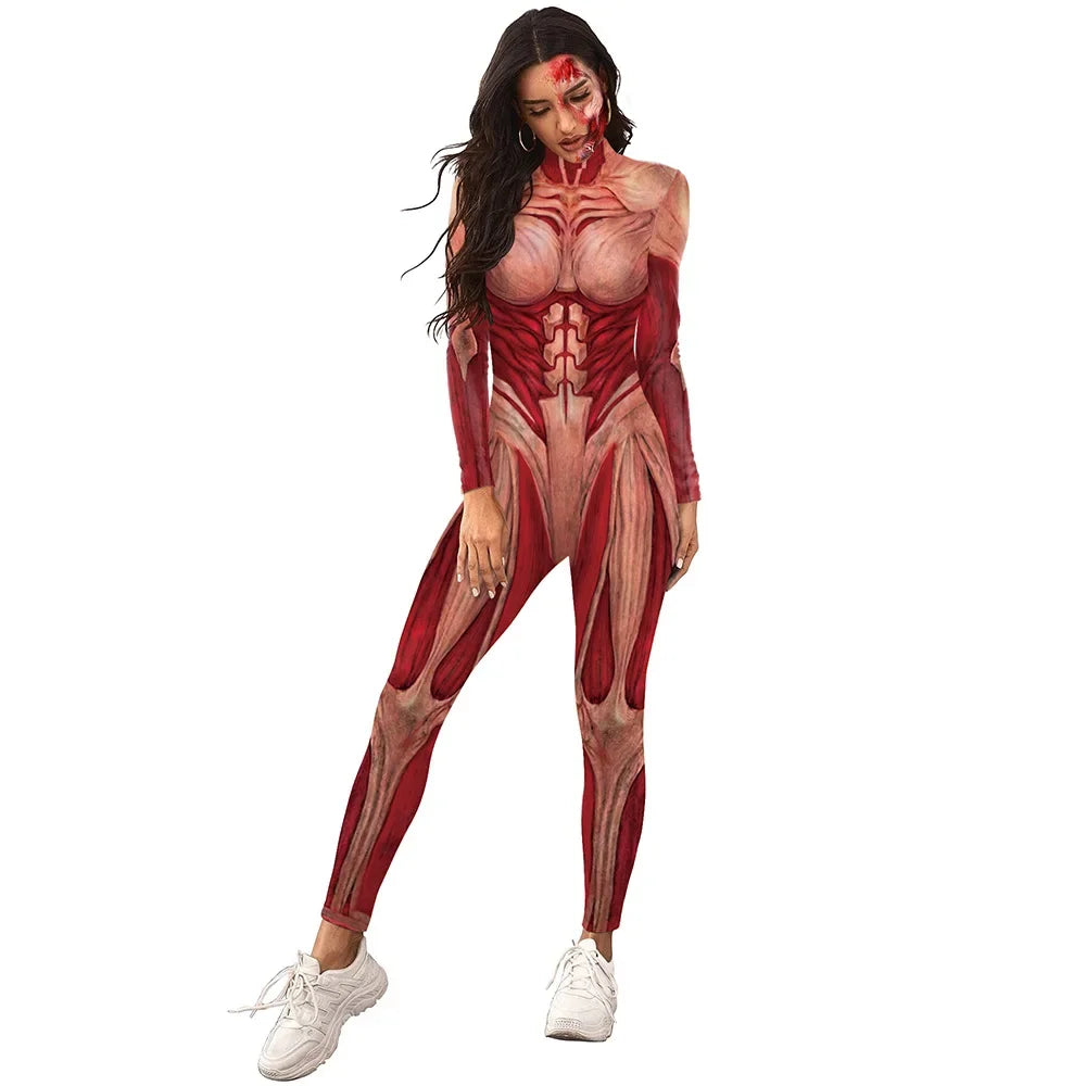 Women's Halloween Horror Role Bloodstained Jumpsuit Scary Cosplay Costume Bodysuit Uniform for Party