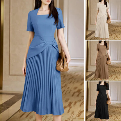 ZANZEA Elegant Office Work Dresses 2025 Women Summer Dress Square Neck Party Sundress Fashion Short Sleeve Pleated Vestidos Robe