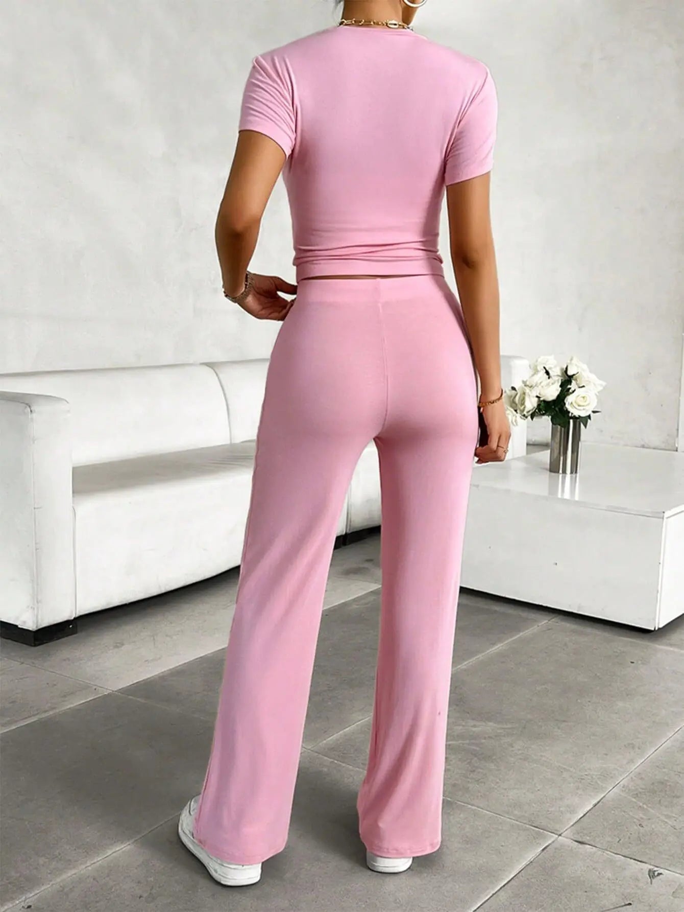 Summer Comfortable Casual Women's Home Sports Set 2025 New Fashionable Solid Color Slim Body Clothes + Trousers Two-piece Set