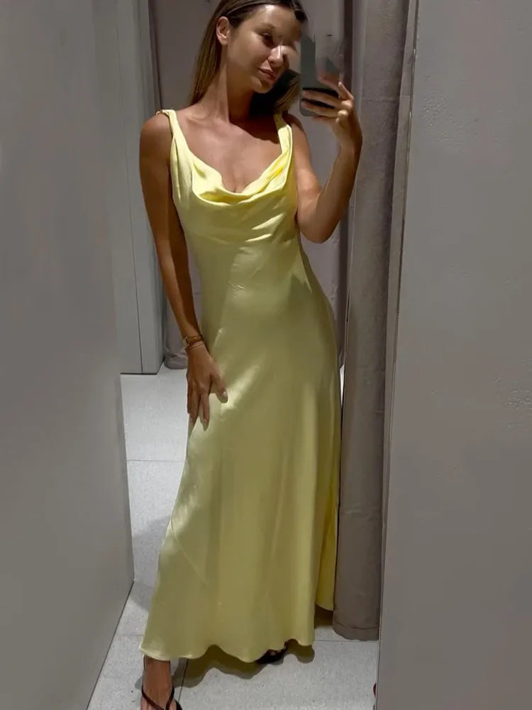 HH Women's Solid Vacation Style Satin Texture Backless V-neck Midi Dress Summer Female Elegant Sexy Lace-up Strap Dress