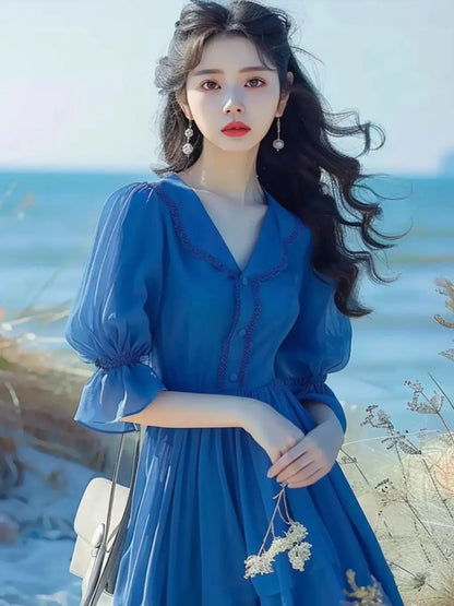 French Blue Bubble Sleeve Dress with Waist Cinching Summer New Style Seaside Vacation Temperament Fresh Dress