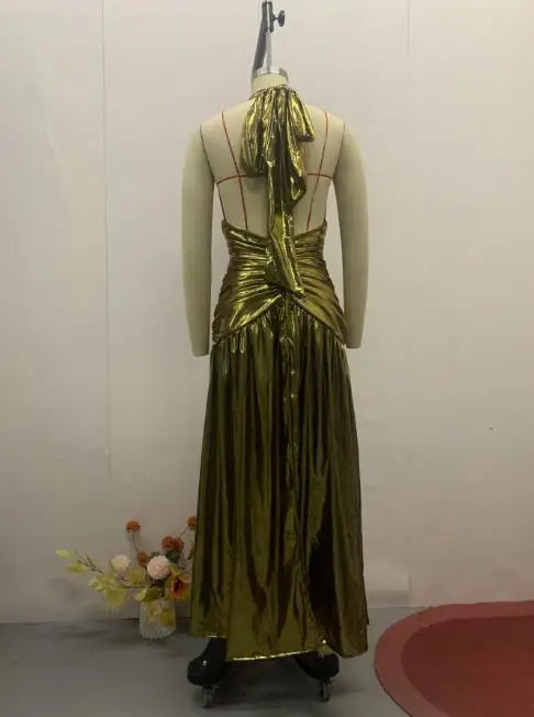 Womens Dresses New Summer Solid Color Halter V-Neck Sexy High Slit Backless Waist Cinching Ruched Casual Long Dress