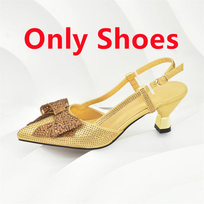 2025 Fashiona Banquet Exquisite Party Top Luxury Pointed Toe Bowtie Bright Diamond Summer Women's High Heels Shoes and Bags Set