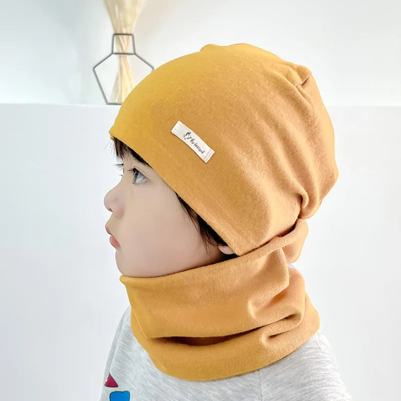Autumn Winter Cotton Knit Children's Hat Collar 2 Set Boys and Girls Hats Set Baby Solid Color Scarf Cap two-piece