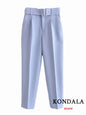KONDALA Office Lady Light Blue Blazer Suits Women 2 Pieces V Neck Loose Jackets+High Waist Sashes Pants Fashion 2023 Autumn Sets