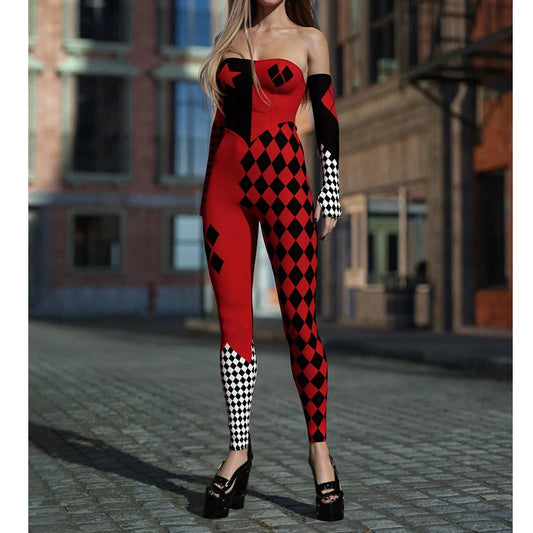 [You're My Secret] Halloween Cosplay Harley Q Clown Costume Sexy Jumpsuit for Women Bodysuit Masquerade Disguise Zentai Outfit
