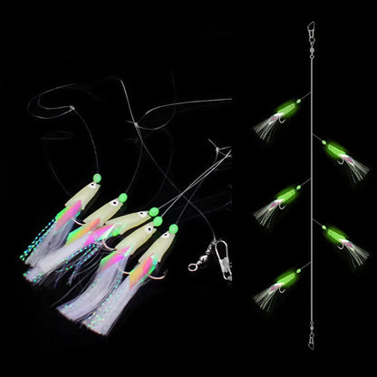 5Pcs/Set High Quality Carbon Steel Mackerel Feathers Bass Cod Lure Sea Fishing Luminous Fishing Hook Treble Bait Fishing Wire