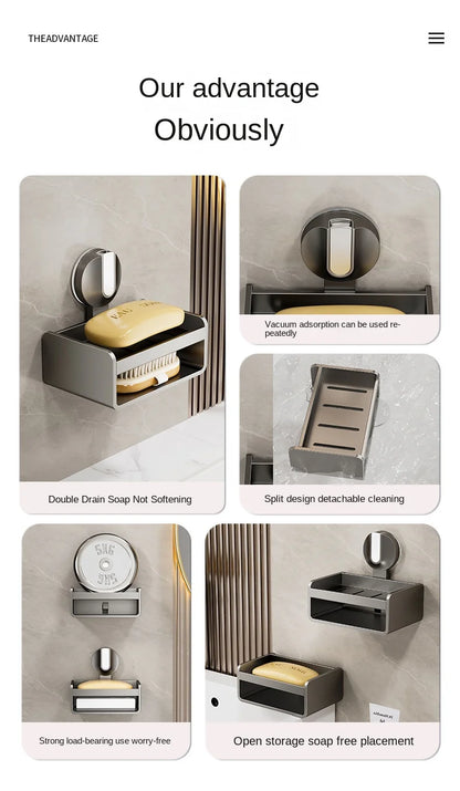 No-Drill Bathroom Soap Holder - Suction Cup Wall Mount Organizer Double Drainage, Holds Soap & Sponge, Space-Saving Storage Rack