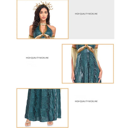 Women Retro Medusa Snake Costume With Headband Sexy Snake Demon Goddess Roleplay Long Slit Dress Halloween Cosplay Party Costume