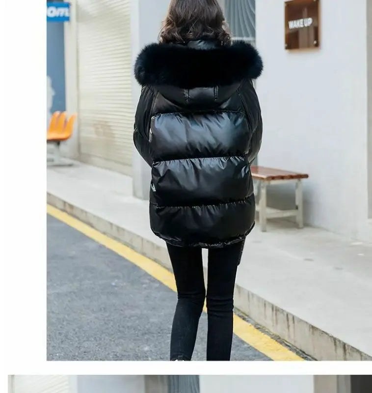 2025 Winter Fashion New Warm Duck Down Jacket Women's Clothes Glossy Fur collar Thicken Parka Short Down Coat Female Trend