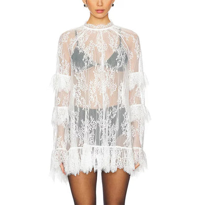 hirigin Women Lace Sheer Dress Sexy See Through Mesh Long Sleeve High Neck Floral Cover Up Cocktail Party Mini Dresses