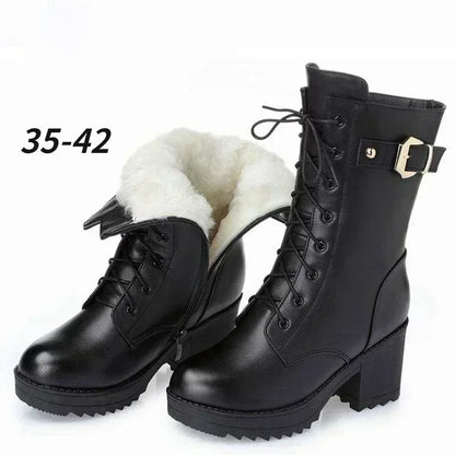 2025 Winter Leather Women Winter Boots Thick Wool Warm Women High-heeled Genuine Boot High-quality Female Snow Boots Women Shoes