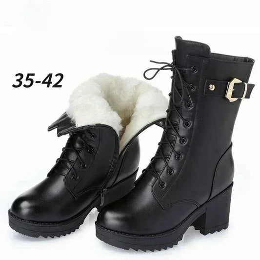 2025 Winter Leather Women Winter Boots Thick Wool Warm Women High-heeled Genuine Boot High-quality Female Snow Boots Women Shoes