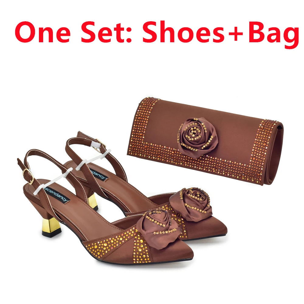 2025 Latest Italian Design African Women's High Heels Pointed Toe Sandals Party Wedding Party Shoes and Bags Set for Wedding