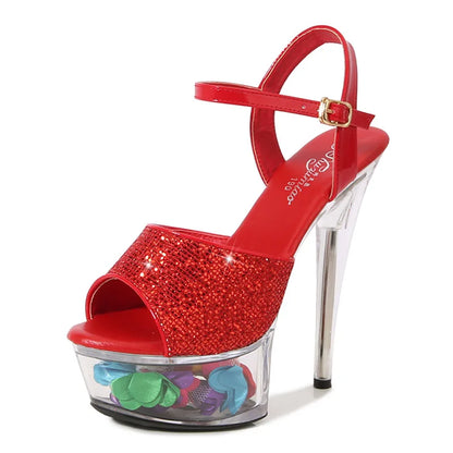 Summer Party Sequin Cloth Women's Sandals Transparent Petal Waterproof Platform High Heels Model Show Stiletto Strippers Shoes